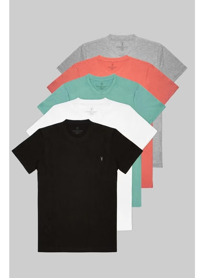 Four Man Crew Neck Standard Pattern Basic Cotton Men's T-Shirt 5 Pieces - Image 2